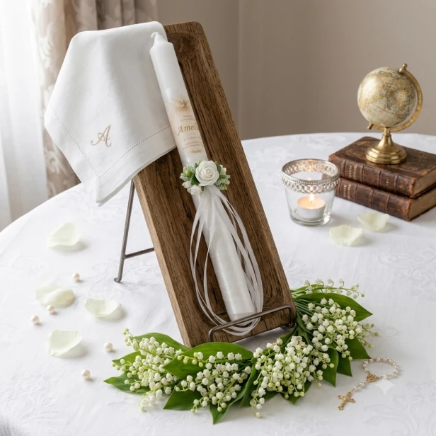 Świeca na Chrzest Święty LUMEN™ – personalizowana z gołębicą i stroikiem