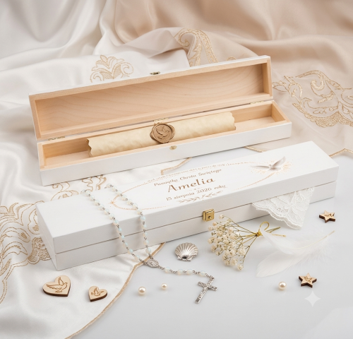 Pudełko drewniane na świecę LUMEN™ – personalizowana pamiątka Chrztu Świętego