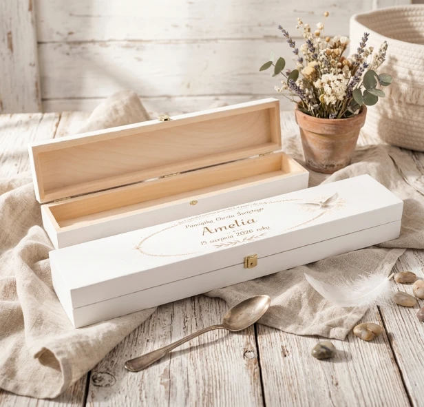 Pudełko drewniane na świecę LUMEN™ – personalizowana pamiątka Chrztu Świętego
