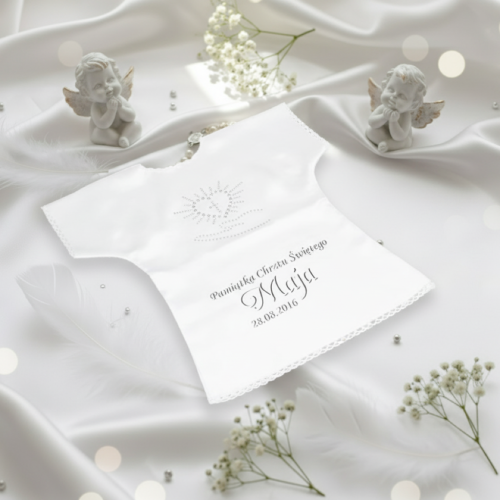 BIAŁY - Szatka na Chrzest PURE HEART z dżetami – personalizowana koszulka Chrztu Świętego