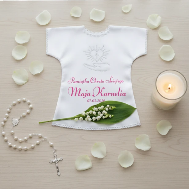 RÓZOWY - Szatka na Chrzest PURE HEART z dżetami – personalizowana koszulka Chrztu Świętego