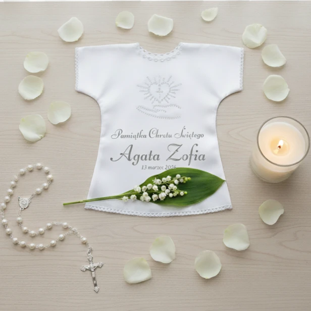 SREBNY/PLATYNOWY - Szatka na Chrzest PURE HEART z dżetami – personalizowana koszulka Chrztu Świętego