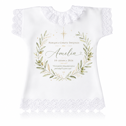 Szatka na Chrzest Święty OLIVA™ – personalizowana pamiątka z gałązką oliwną