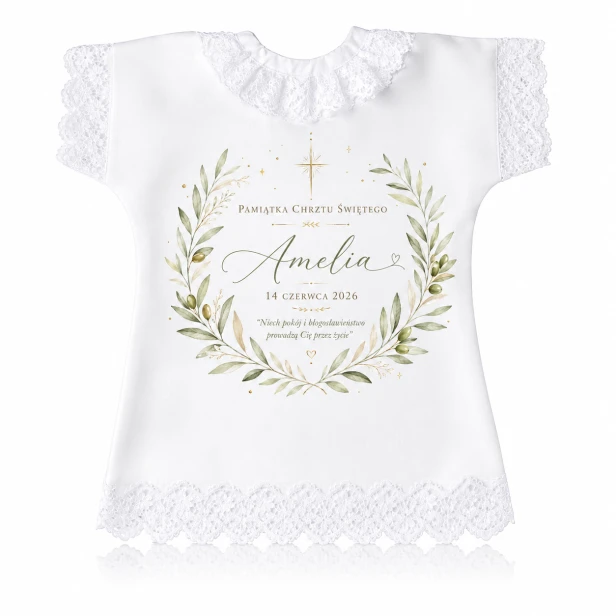Szatka na Chrzest Święty OLIVA™ – personalizowana pamiątka z gałązką oliwną