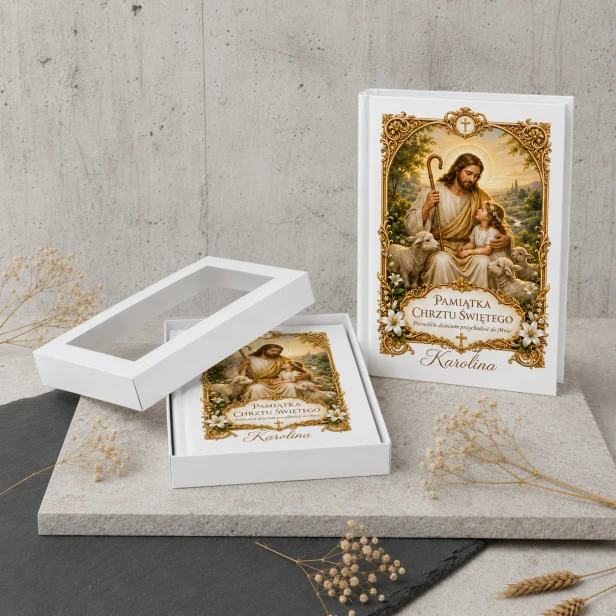 Moja Pierwsza Biblia – Pamiątka Chrztu Świętego „Dobry Pasterz” z personalizacją | Kolekcja LUMEN™