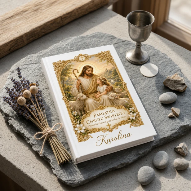 Moja Pierwsza Biblia – Pamiątka Chrztu Świętego „Dobry Pasterz” z personalizacją | Kolekcja LUMEN™