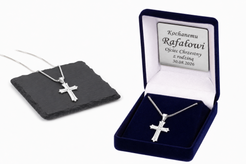 Srebrny krzyż liliowy pr. 925 z łańcuszkiem – symbol wiary i czystości z dedykacją