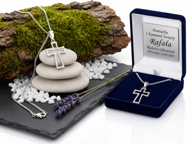 Srebrny krzyżyk z Jezusem wyciętym w środku z łańcuszkiem pr. 925 – symbol wiary i światła z dedykacją