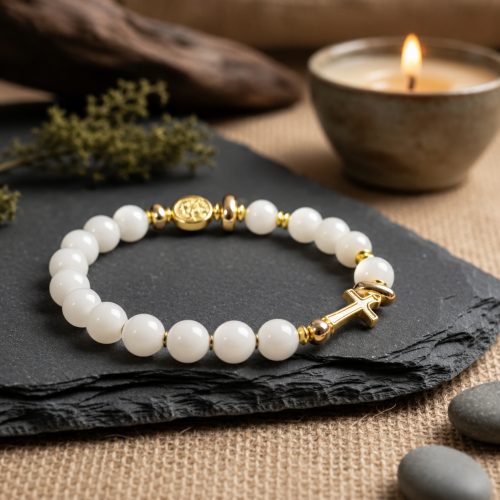 SacraStone™ AVE MARIA – Bransoletka różańcowa OPAL BIAŁY