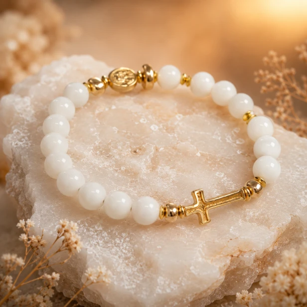 SacraStone™ AVE MARIA – Bransoletka różańcowa OPAL BIAŁY