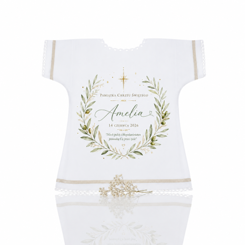 Szatka na Chrzest Święty OLIVA™ – personalizowana pamiątka z gałązką oliwną