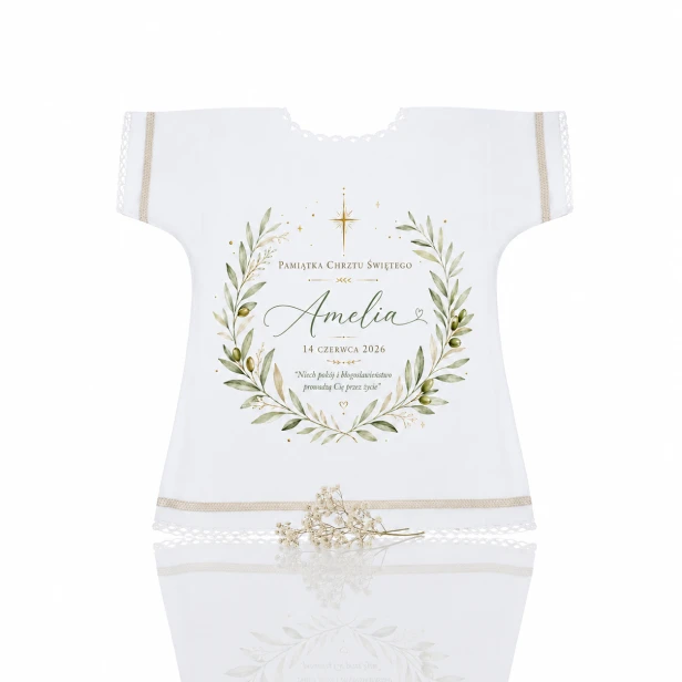 Szatka na Chrzest Święty OLIVA™ – personalizowana pamiątka z gałązką oliwną