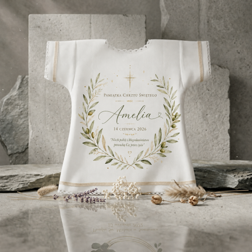 Szatka na Chrzest Święty OLIVA™ – personalizowana pamiątka z gałązką oliwną