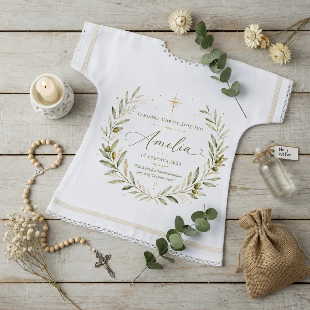 Szatka na Chrzest Święty OLIVA™ – personalizowana pamiątka z gałązką oliwną