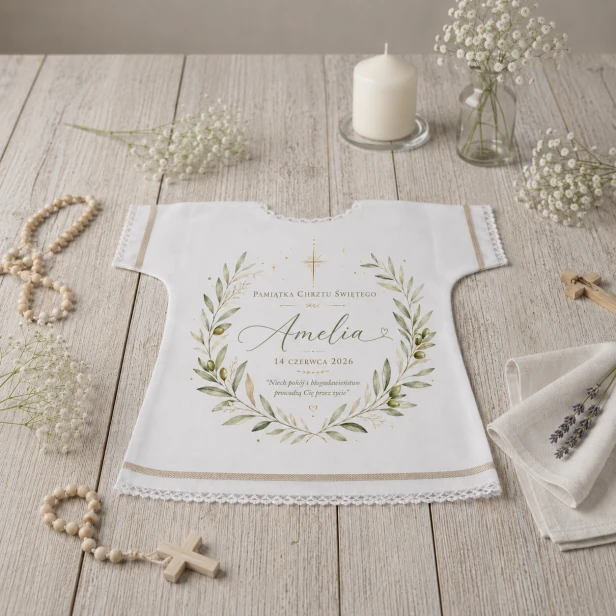 Szatka na Chrzest Święty OLIVA™ – personalizowana pamiątka z gałązką oliwną
