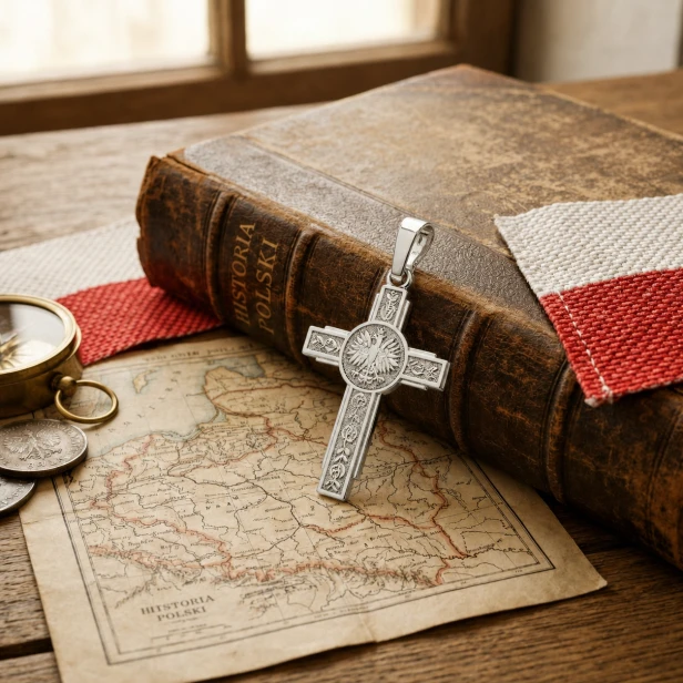 Srebrny krzyżyk patriotyczny na Biblii