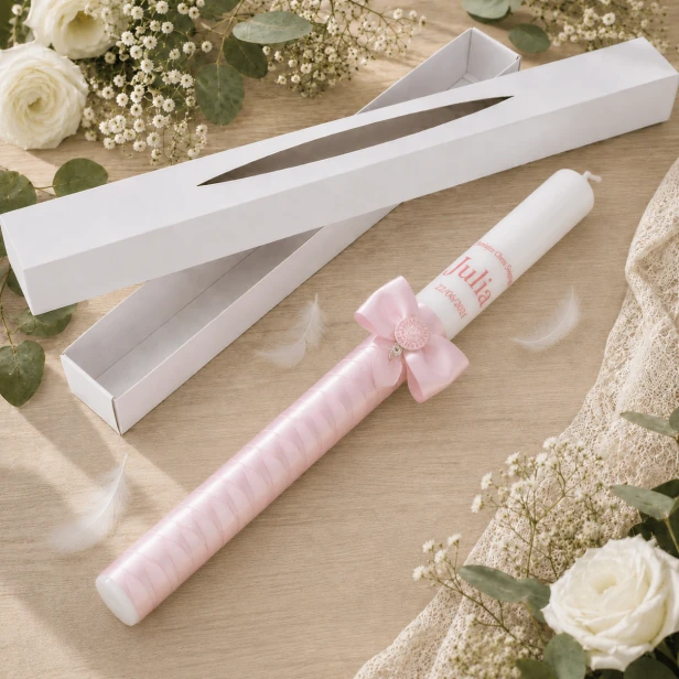 Świeca komunijna SacraStone™ LIGHT z różowym onyksowym sercem – ujęcie boczne z opcjonalnym pudełkiem