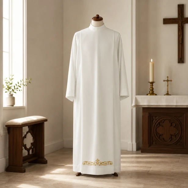 Alba kapłańska biała tropik – haft krzyż u dołu | Szaty liturgiczne