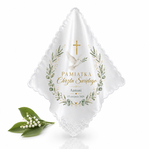 Szatka na Chrzest Święty COLUMBA™ – personalizowana pamiątka z gołębicą, krzyżem i konwalią