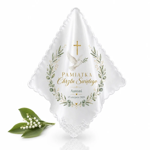 Szatka na Chrzest Święty COLUMBA™ – personalizowana pamiątka z gołębicą, krzyżem i konwalią