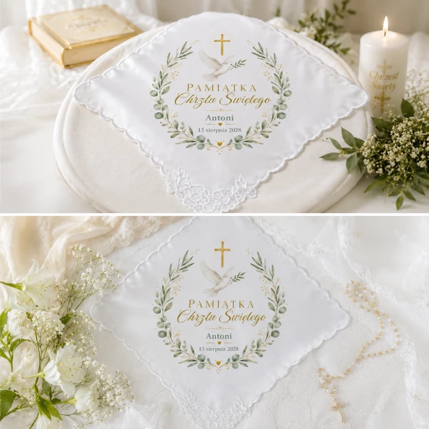 Szatka na Chrzest Święty COLUMBA™ – personalizowana pamiątka z gołębicą, krzyżem i konwalią