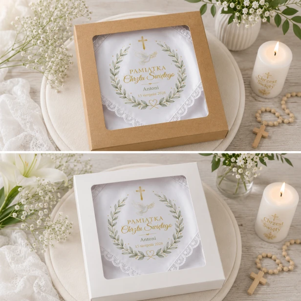 Szatka na Chrzest Święty COLUMBA™ – personalizowana pamiątka z gołębicą, krzyżem i konwalią