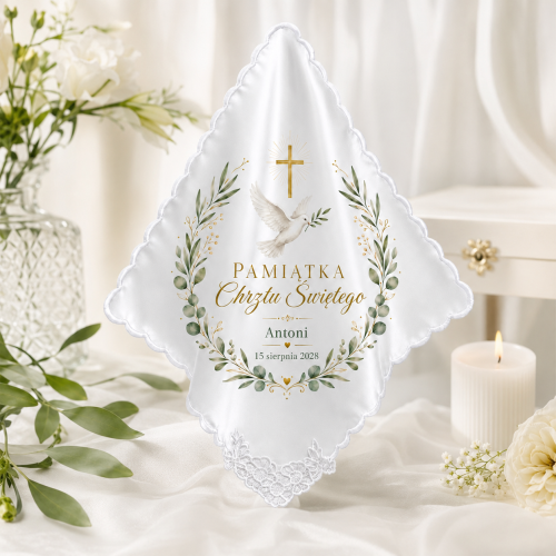 Szatka na Chrzest Święty COLUMBA™ – personalizowana pamiątka z gołębicą, krzyżem i konwalią