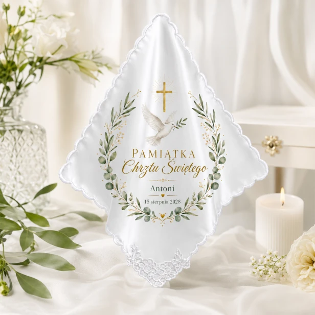 Szatka na Chrzest Święty COLUMBA™ – personalizowana pamiątka z gołębicą, krzyżem i konwalią