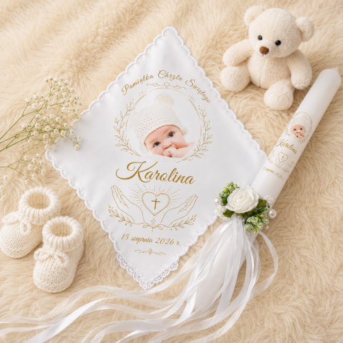 Zestaw do Chrztu ze zdjęciem dziecka – personalizowana świeca i szatka | Serce na dłoni™
