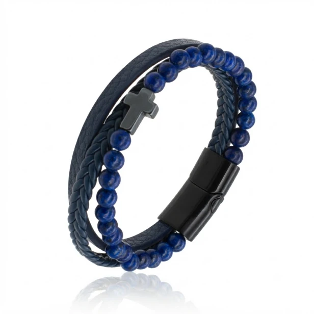 Męska bransoleta skórzana z lapis lazuli i krzyżem z hematytu – zdjęcie produktowe