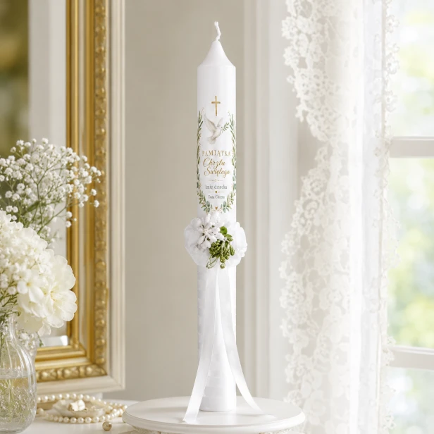 Świeca COLUMBA™ z gołębicą – aranżacja komunijno-chrzcielna