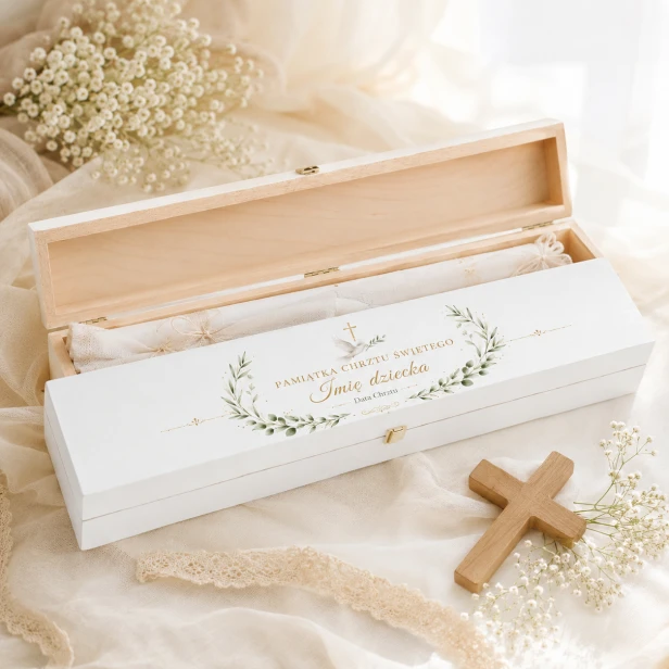 Wnętrze drewnianego pudełka COLUMBA™ na świecę chrzcielną