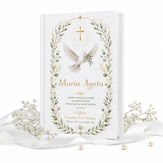 Moja Pierwsza Biblia COLUMBA™ – Pamiątka Chrztu Świętego z gołębicą i personalizacją