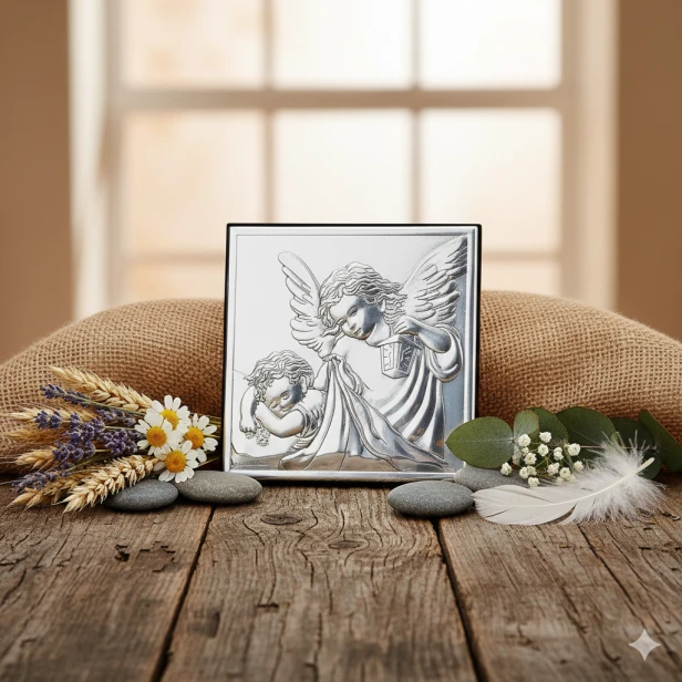 Obrazek srebrny Anioł Stróż 16×16 na ciemnym drewnie | SILVER BAPTISM™