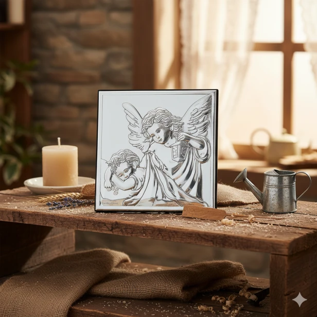 Obrazek srebrny Anioł Stróż 16×16 na ciemnym drewnie | SILVER BAPTISM™