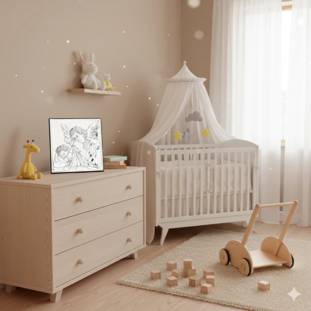 Obrazek srebrny Anioł Stróż 16×16 na ciemnym drewnie | SILVER BAPTISM™