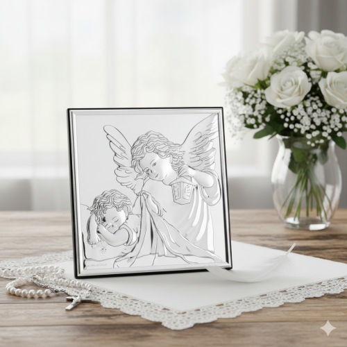 Obrazek srebrny Anioł Stróż 16×16 na ciemnym drewnie | SILVER BAPTISM™