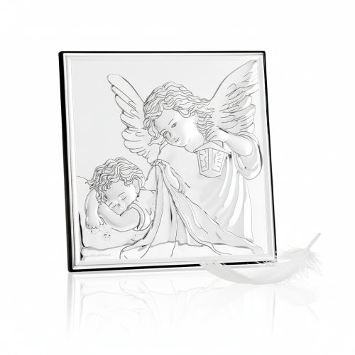 Obrazek srebrny Anioł Stróż 16×16 na ciemnym drewnie | SILVER BAPTISM™