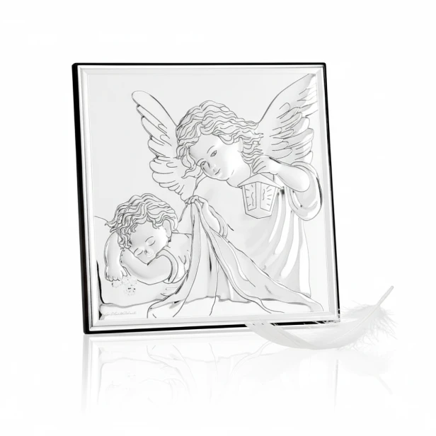 Obrazek srebrny Anioł Stróż 16×16 na ciemnym drewnie | SILVER BAPTISM™