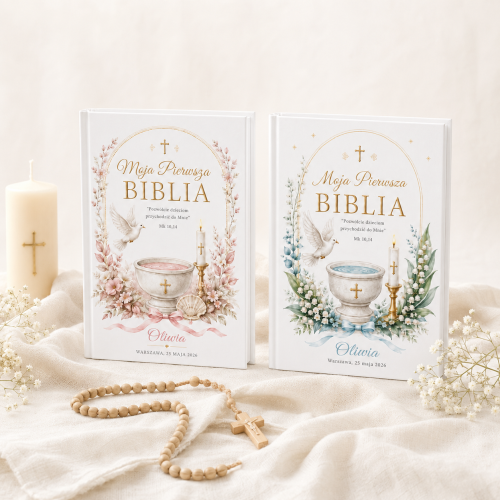 Moja Pierwsza Biblia BAPTISMA™ – personalizowana pamiątka Chrztu Świętego | różowa lub niebieska