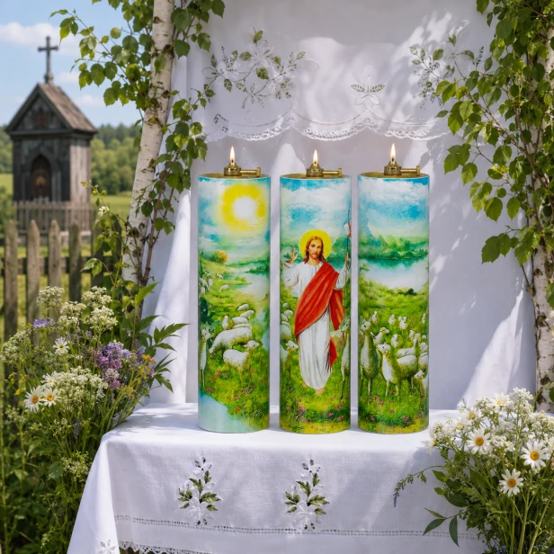 Tryptyk wielkanocny Dobry Pasterz – 3 świece olejowe Ø 7,5 × 26 cm