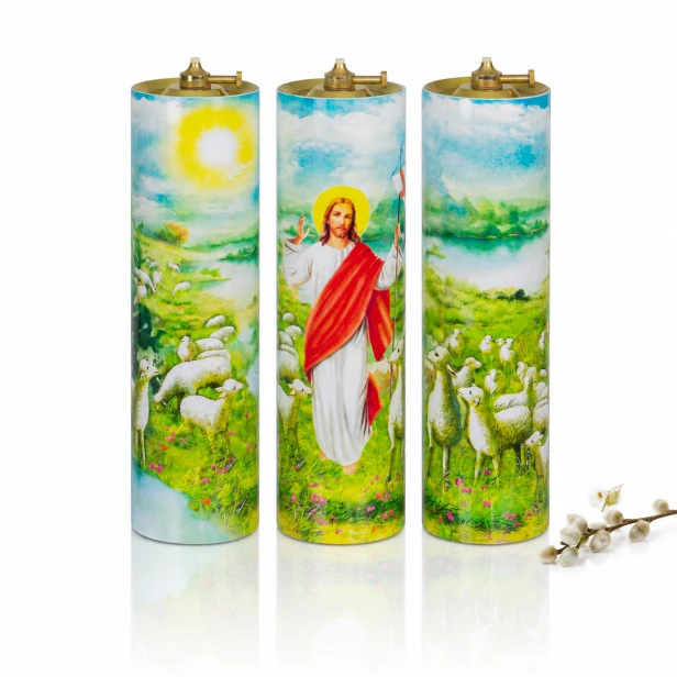 Tryptyk wielkanocny Dobry Pasterz – 3 świece olejowe Ø 7,5 × 26 cm