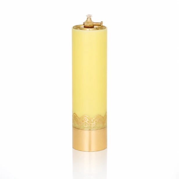 Świeca olejowa liturgiczna żółta ze złotym zdobieniem i wkładem – 22 cm