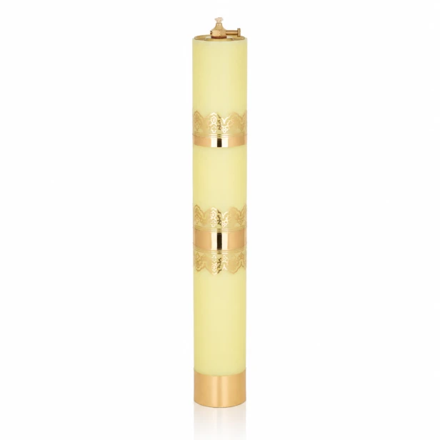 Świeca olejowa liturgiczna żółta ze złotym zdobieniem i wkładem – 40 cm