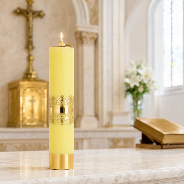 Świeca olejowa liturgiczna żółta ze złotym zdobieniem i wkładem – 31 cm