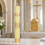 Świeca olejowa liturgiczna żółta ze złotym zdobieniem i wkładem – 40 cm