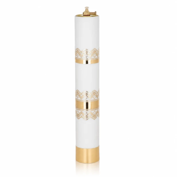 Świeca olejowa liturgiczna biała ze złotym zdobieniem i wkładem – 40 cm