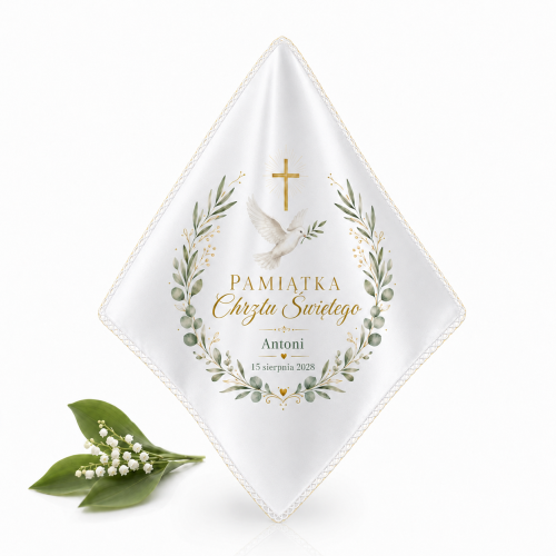 Szatka COLUMBA™ na Chrzest Święty z gołębicą i konwalią – zdjęcie produktowe