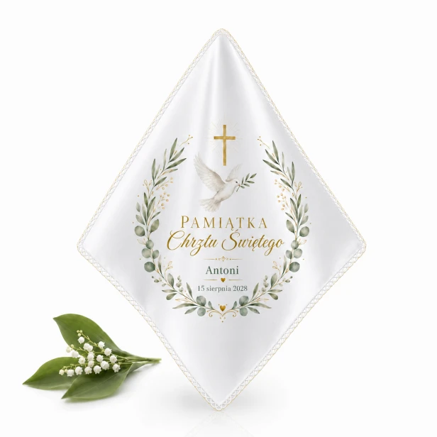Szatka COLUMBA™ na Chrzest Święty z gołębicą i konwalią – zdjęcie produktowe