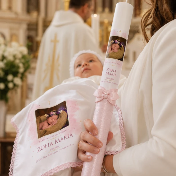 Personalizowany zestaw chrzcielny Anielskie Niebo™ Róż w eleganckiej aranżacji